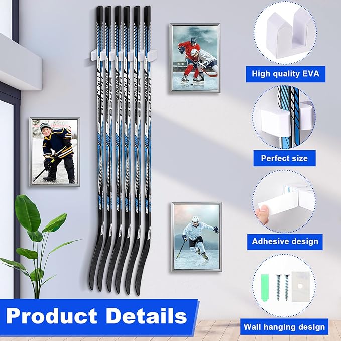 Yousoontic Hockey Stick Holder Wall Mount, 1-6 Stick Capacity, Ice and Field Hockey Organizer (Decor & Storage 2-in-1) for Home Garage Room Office Sports Decoration
