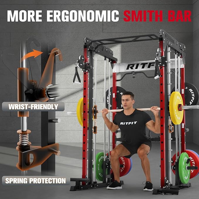 RitFit M1 & M1 Pro Smith Machine with Cable Crossover System, Multi-Function Squat Rack Power Cage for Home Gym, Power Rack and Packages