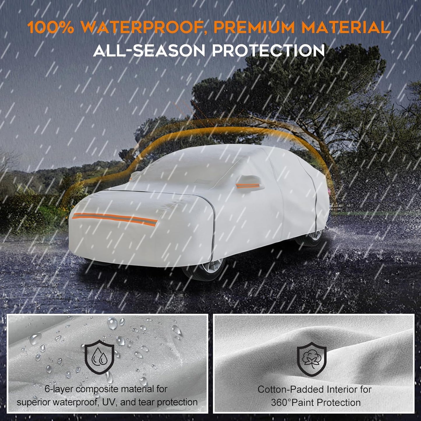 Car Cover Waterproof All Weather,6 Layers with Cotton Lining for Full Protection Against Rain, Snow, UV, and Dust,Easy to Install and Remove,Fit Sedans up to 213 inches,with Zipper Door,Silver