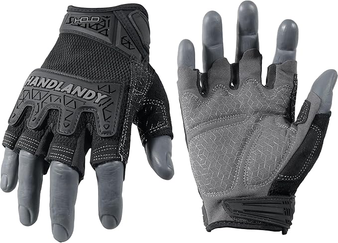 HANDLANDY Fingerless Work Gloves for Men, Padded Half Finger Tactical Mechanics Gloves, Utility Trucker Driver Gloves (Black, Large (Pack of 1))
