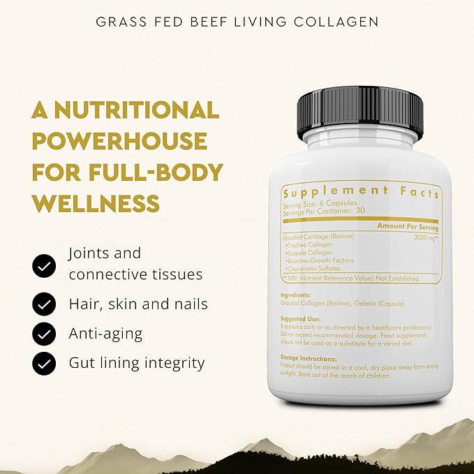 Ancestral Supplements Grass Fed Beef Living Collagen Nutritional Powder Supplement, 3000mg, Promotes Healthier, Younger Looking Skin, Hair, Nails and Joints, Type II, 180 Capsules