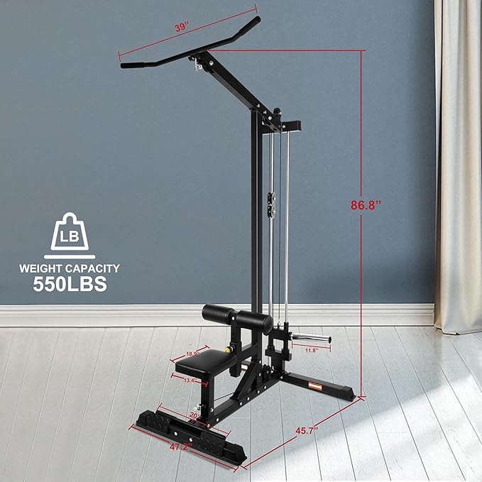 LAT All-in-one Machine with High and Low Pulley Station, LAT PullDown and LAT Row Cable Machine, LAT Tower with Adjustable Leg Support for Home Gym Total Body Training