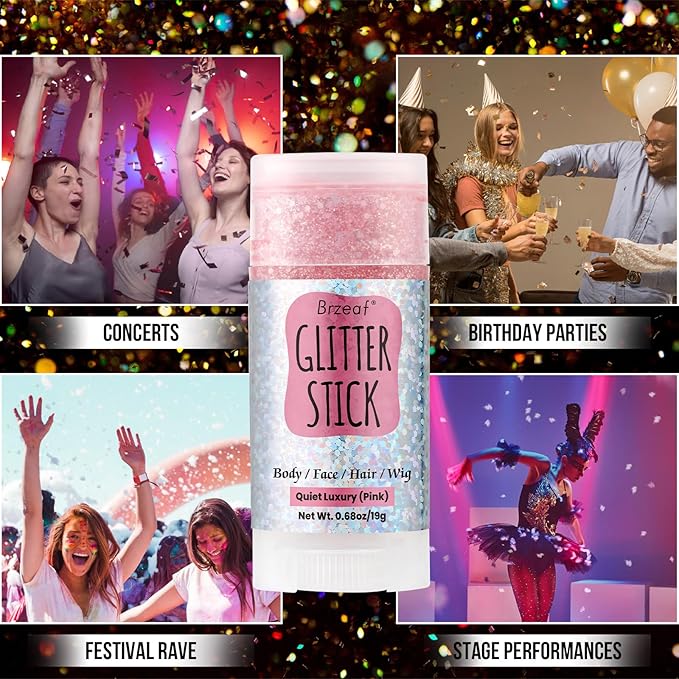 Brzeaf Pink Glitter Stick, Not Greasy & Long Lasting, Chunky Glitter for Face/Body/Hair/Eyes/Lip, Singer Concert Music Rave Halloween Festival, Glitter Stick Makeup & Face Glitter Gel for Women Men