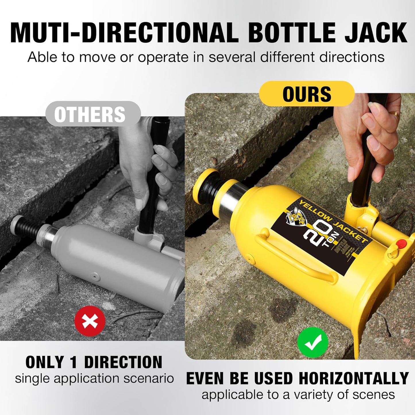 YELLOW JACKET 20 Ton Muti-Directional Welded Bottle Jack (40,000lb), Horizontal Bottle Jacks Use for Car, Pickup, Truck, RV, Auto Repair, Hydraulic Bottle Jack, Yellow