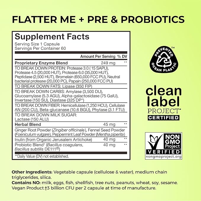 HUM Flatter Me Digestive Enzymes Bloating Supplement - Fast-Acting Bloat Relief for Digestive Health, Debloating Multi Enzyme, Bloat Pills, Anti Bloat Pills, Vegan 180 Servings