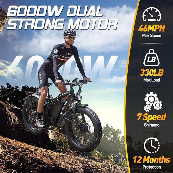 6000W Peak AWD-Ebike-Dual-Motor-Electric-Bike for Adults-Men, 52V 1768Wh Dual-Motor-Ebike 42-46MPH-Hunting-Ebike Long Range Dirtbike, 24"*4.0" Fat-Tire-Electric-Bicycle Mountain Bike Off-Road Snow