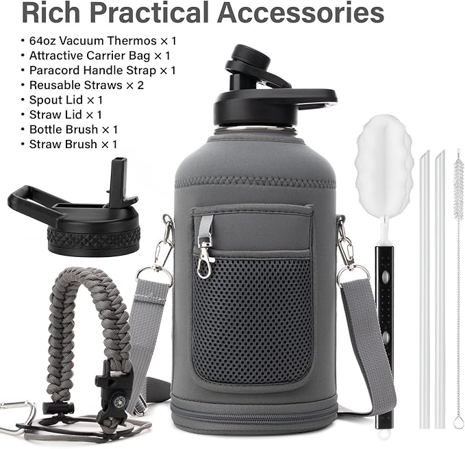Insulated Water Bottle | Thickened Stainless Steel Vacuum Metal | Portable Sports Half Gallon Large Water Jug for Gym and Hiking with Straw, Carrier Bag, Handle Strap | BPA-Free 64 oz