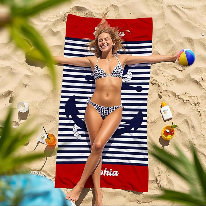 JML Personalized Beach Towel with Name, Custom Anchor Beach Towel, Customized Microfiber Pool Towel, Quick Dry & Absorbent Swim Towel for Adult,Anniversary, Birthday, Summer Holiday,Vacation