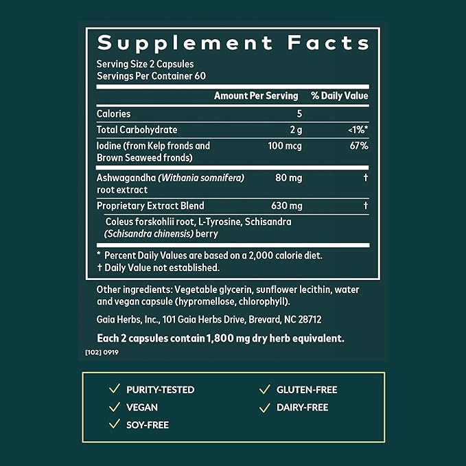 Gaia Herbs Thyroid Support - Made with Ashwagandha, Kelp, Brown Seaweed, and Schisandra to Support Healthy Metabolic Balance and Overall Well-Being - 120 Vegan Liquid Phyto-Capsules (40-Day Supply)
