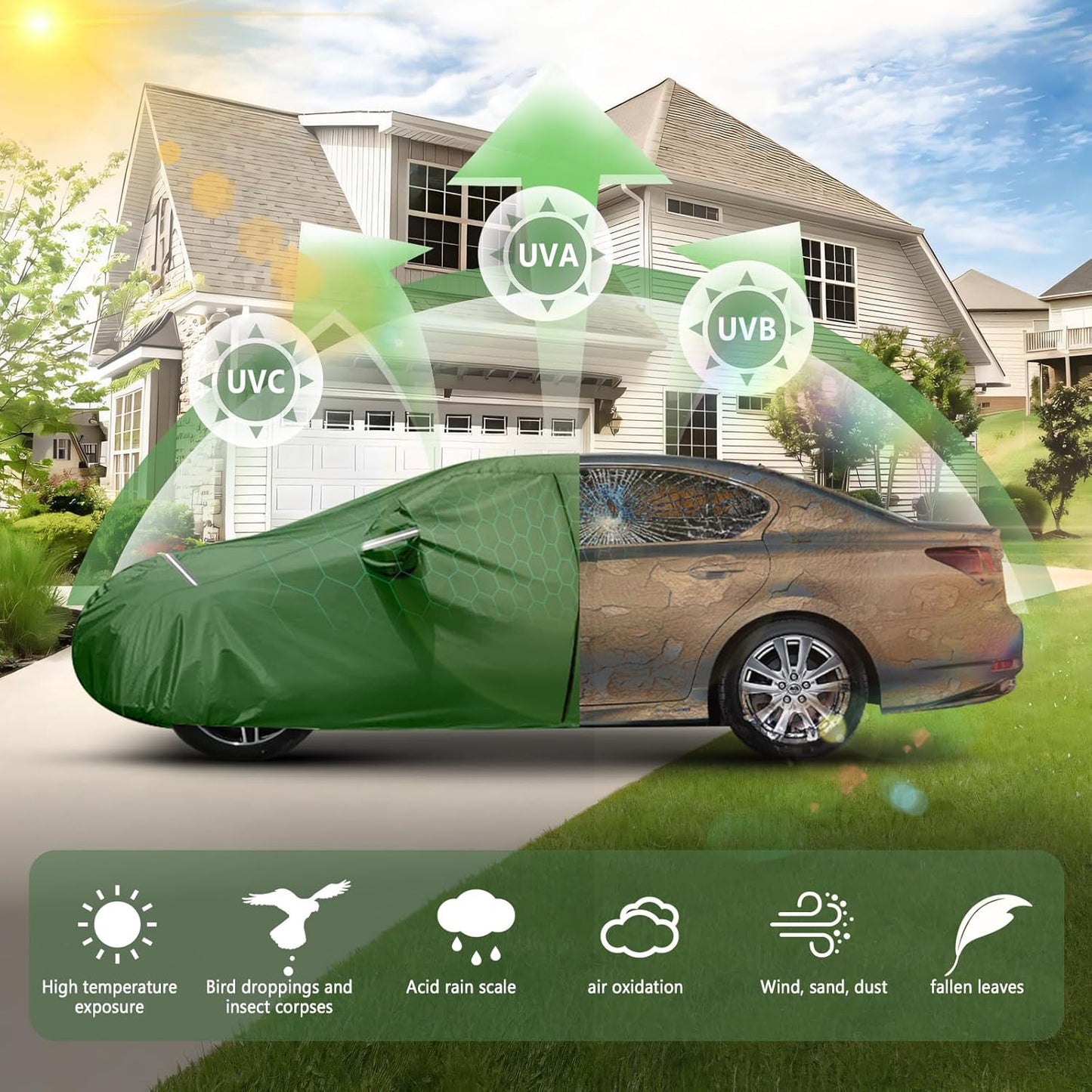 BOSSTONE Car Cover Custom Fit for Honda Accord 2007-2025, for Toyota Camry 1996-2025, Waterproof All Weather for Automobiles Full Exterior Cover Rain Sun Snow Protector with Door Zipper (Green)