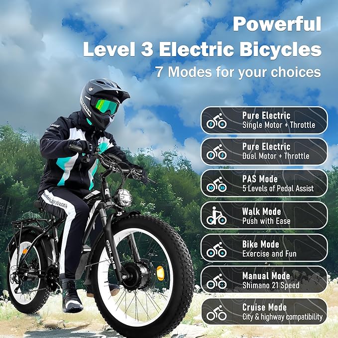 Electric Dirt Bike, 5000W Peak Dual Motor EBike for Adults, 60V 25AH Battery Electric Bike with 40-50MPH Mountain AWD 21-Speed Snow, 26" x 4.0 Fat Tire, Long Range Off-Road