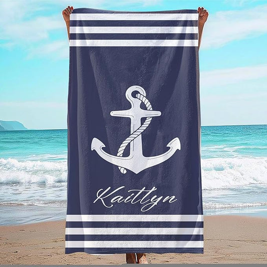 JML Personalized Beach Towel with Name, Custom Anchor Beach Towel, Customized Microfiber Pool Towel, Quick Dry & Absorbent Swim Towel for Adult,Anniversary, Birthday, Summer Holiday,Vacation