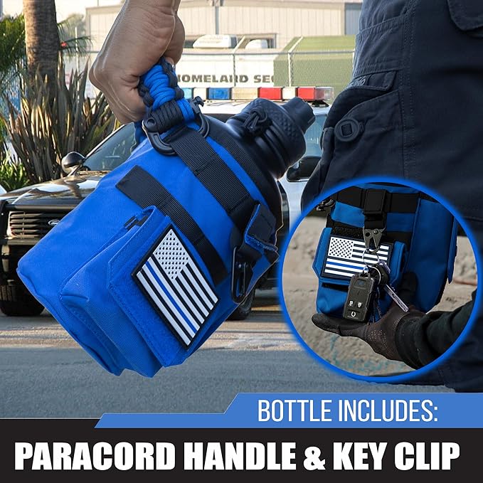 Iron Infidel Battle Bottle - Half Gallon Insulated Water Bottle with Paracord Handle, Large 64 oz Stainless Steel Water Jug with Rugged, Removable Sleeve for Keys, Wallet & Phone (Blue Line 2 Liter)