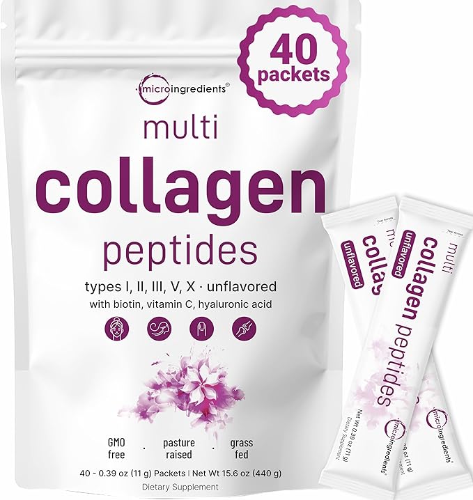 Micro Ingredients Multi Collagen Peptides Powder, 40 Stick Packs | Type I, II, III, V, X + Biotin, Vitamin C & Hyaluronic Acid | Unflavored | Supports Hair, Skin & Joint Health | Keto, Non-GMO