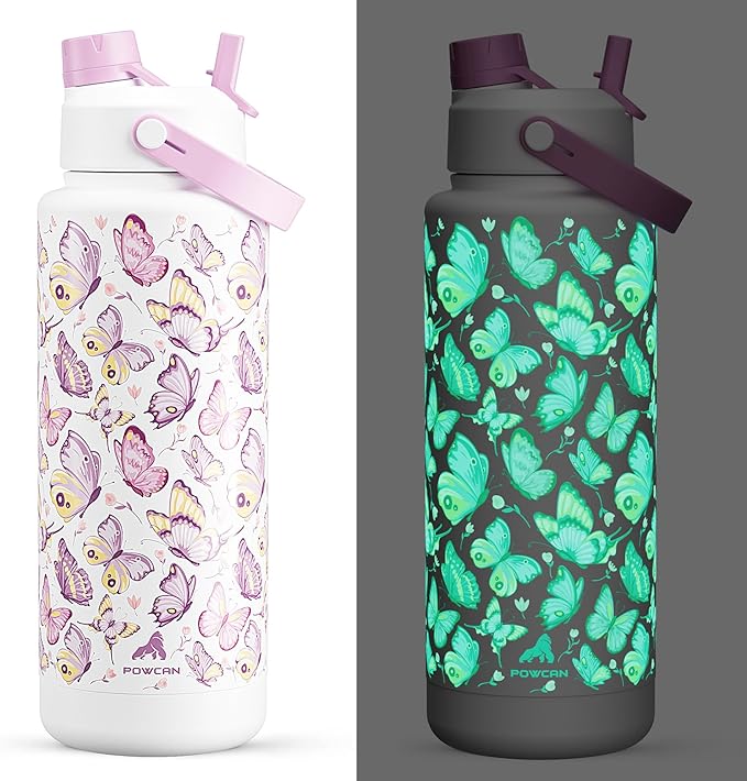 40 oz Insulated Water Bottle with 2-in-1 Straw and Spout Lid, Glow-in-the-Dark, 24H Cold, Leakproof, BPA-Free, Double Wall Stainless Steel for Sports, Gym, Travel, and School (Luminous Flutter)
