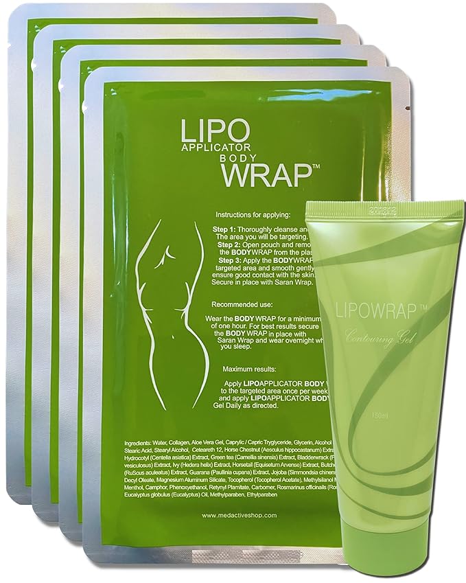 Tummy Body Wrap with Guarana, Green Tea, Seaweed Wraps Works for Stomach Belly Legs Arms Abdomen. (4 Wraps + Gel)