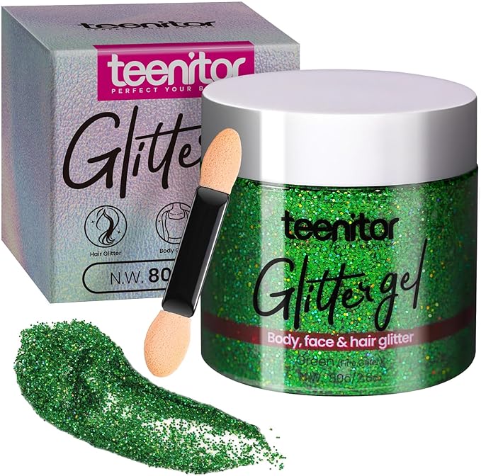 Teenitor Green Body Glitter Gel, Face Glitter Makeup, Green Glitter, Hair Glitter Gel for Kids, Festival Rave Accessories, 80g/2.8oz Holographic Glitter for Face Body Hair