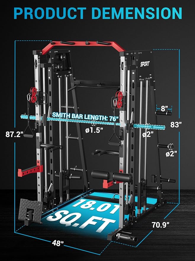 Smith Machine, Power Cage Squat Rack with Cable Crossover, Dual Pulley System, Pull-Up Bar, Home Gym Workout Equipment with Attachments for Strength Training and Weightlifting
