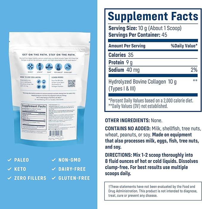 NativePath Collagen Peptides Protein - Hydrolyzed Type 1 & 3 Collagen Powder for Skin, Hair, Nails - 15.9 oz (45 Servings)