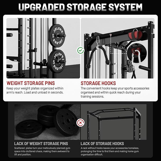 Smith Machine for Home Gym, Multi-Function M12 Power Cage with Cable Crossover System, Squat Rack with Smith Bar and More Attachment