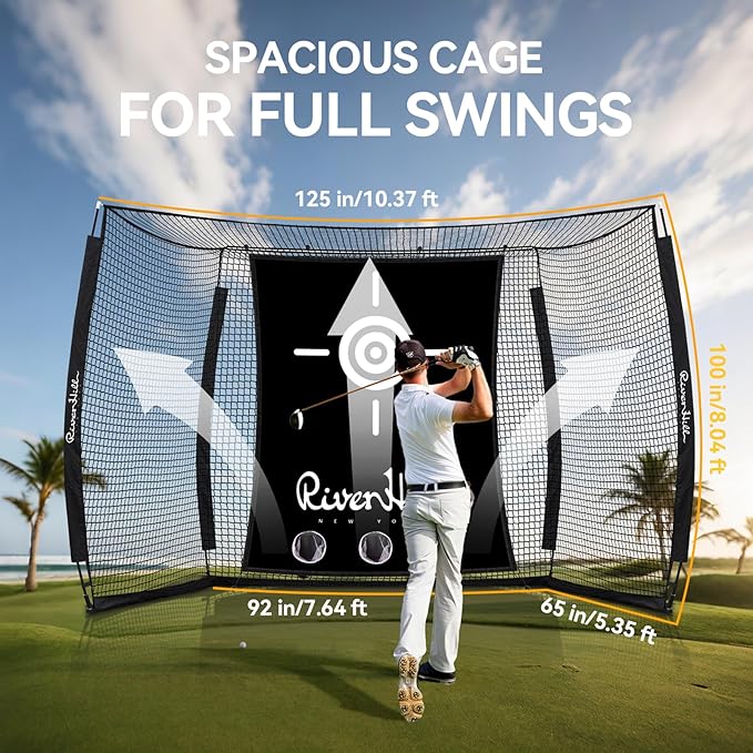 Golf Cage with Impact Screen, 10x8 Ft Golf Hitting Net w/Sound-Dampening Cloth, Practice Mat, Golf Simulator Enclosure, Indoor & Outdoor Driving Chipping Equipment for Home, Backyard & Garage