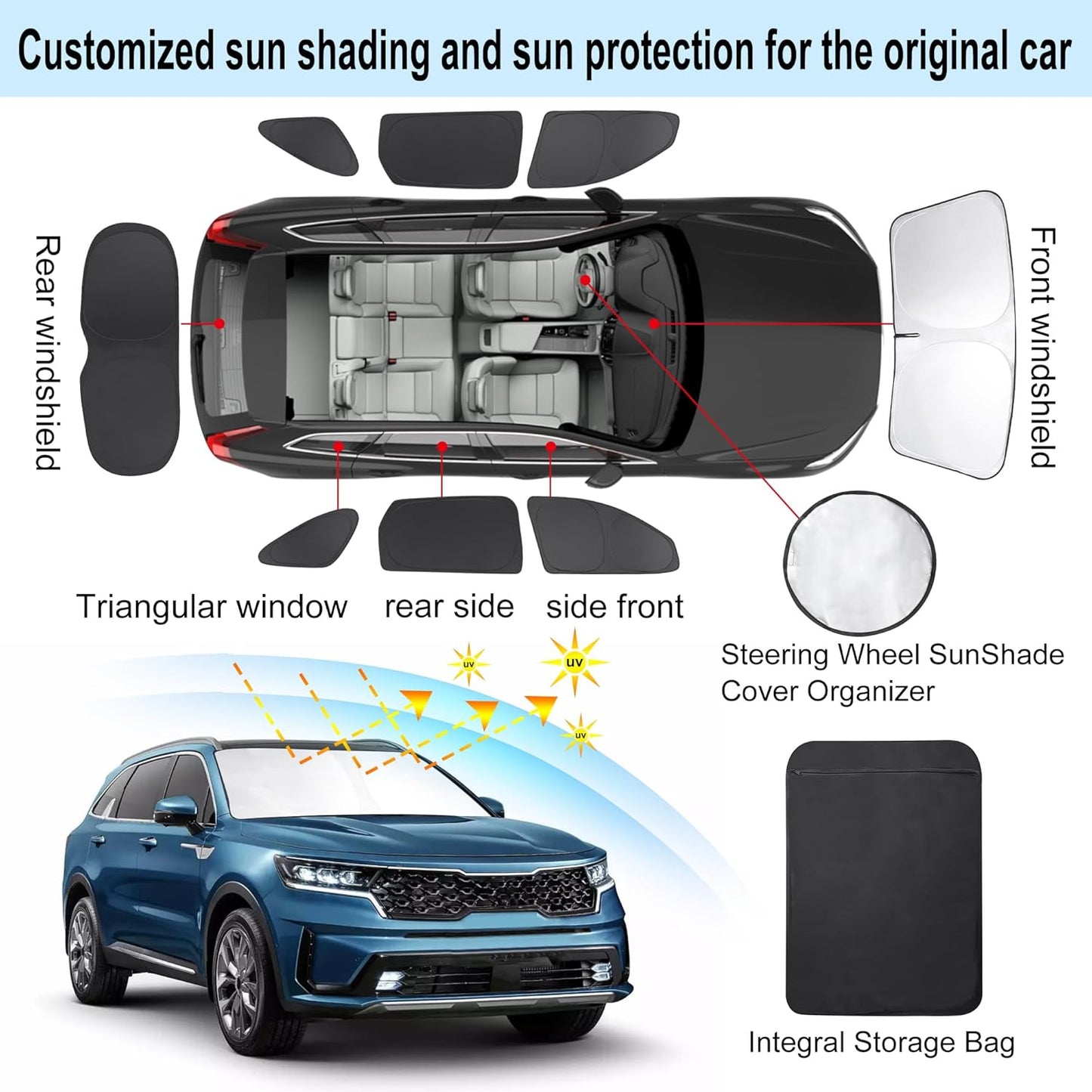 TINGLU Window Shades for Kia Sorento 2016 2017 2018 2019 2020 Accessories Car Side Full Windows Rear Triangular Windshield Sun Shade Sun UV Rays & Privacy Protection for Camping,Napping,Relaxing 8PCS