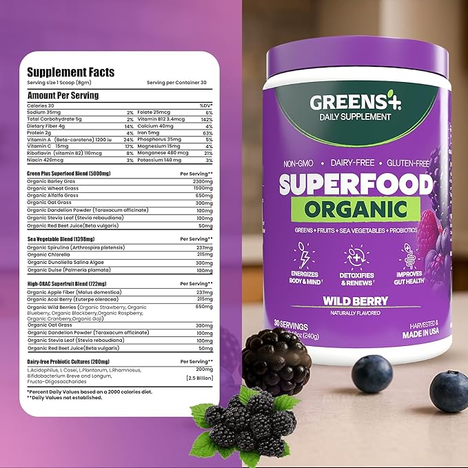 Greens+ Organic Wild Berry Superfood Powder, Antioxidant Polyphenol, Blend for Morning Kick, Energy, Vitality Boost, Nutrition, Vibrant Health, Dietary Supplement, Vegan Soy/Dairy/Gluten Free(8.46oz)