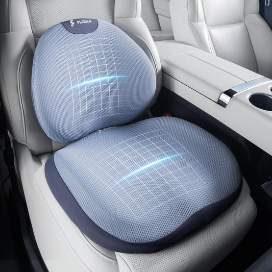 FLORICH Seat Cushion and Lumbar Support Pillow for Office Chair Car, Ergonomic Memory Foam Back Support for Office Gaming Chair Driving Seat Wheelchair, Relieves Neck, Back & Sciatica Pain – Blue