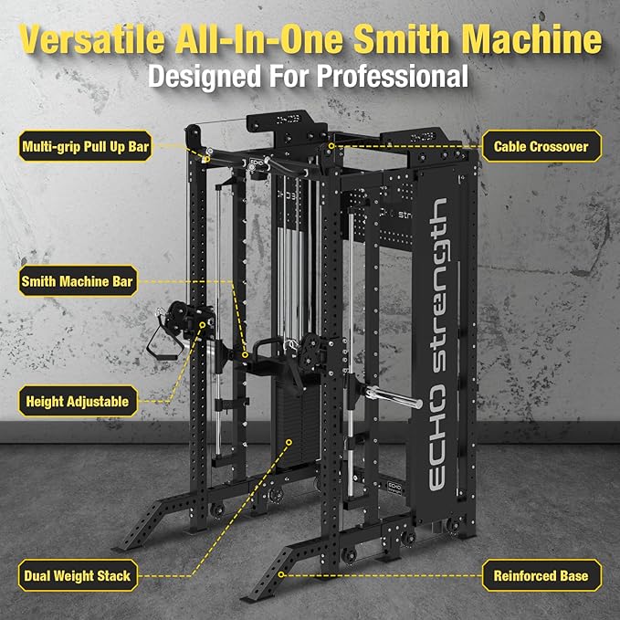 Commercial Functional Trainer Cable Machine with Dual Weight Stacks, Power Cage Squat Rack, Dual Cable Crossover Machine with Pulley System