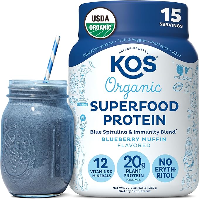 KOS Plant Based Protein Powder, Blueberry Muffin - Organic Pea Protein Superfood with Spirulina and Immune Support Blend. Soy, Gluten, Dairy Free - Vegan Meal Replacement for Women & Men - 15 Servings