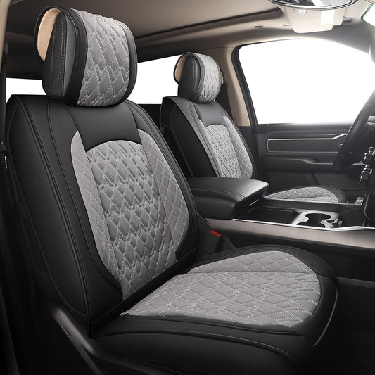 JOJOBAY Car Seat Covers for Dodge Ram Full Set,Fit Ram 2009-2025 1500/2500/3500 Pick-up Truck,Crew,Regular,Quad,Mega Cab,Waterproof Leather Seat Covers Protectors（5 PCS Full Set,Black-Grey）