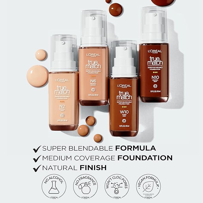 L'Oreal Paris True Match Super-Blendable Foundation, Medium Coverage Liquid Foundation Makeup, W4, Light Medium, 1 Fl Oz