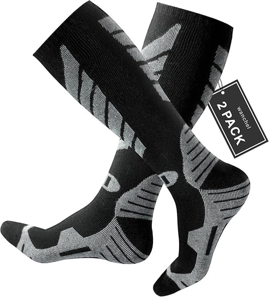 Merino Wool Ski Socks - 2 Pairs Knee High Skiing Socks, Winter Warm Snowboard Thermal Socks
