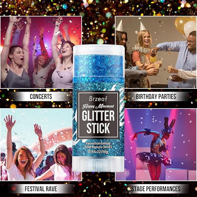 Brzeaf Waterproof Blue Glitter Stick,Festival Rave Accessories, Safe Ingredients & Long Lasting, Hair Eyeshadow Face Glitter Stick, Singer Concert Music Rave Festival, Glitter Makeup for Women