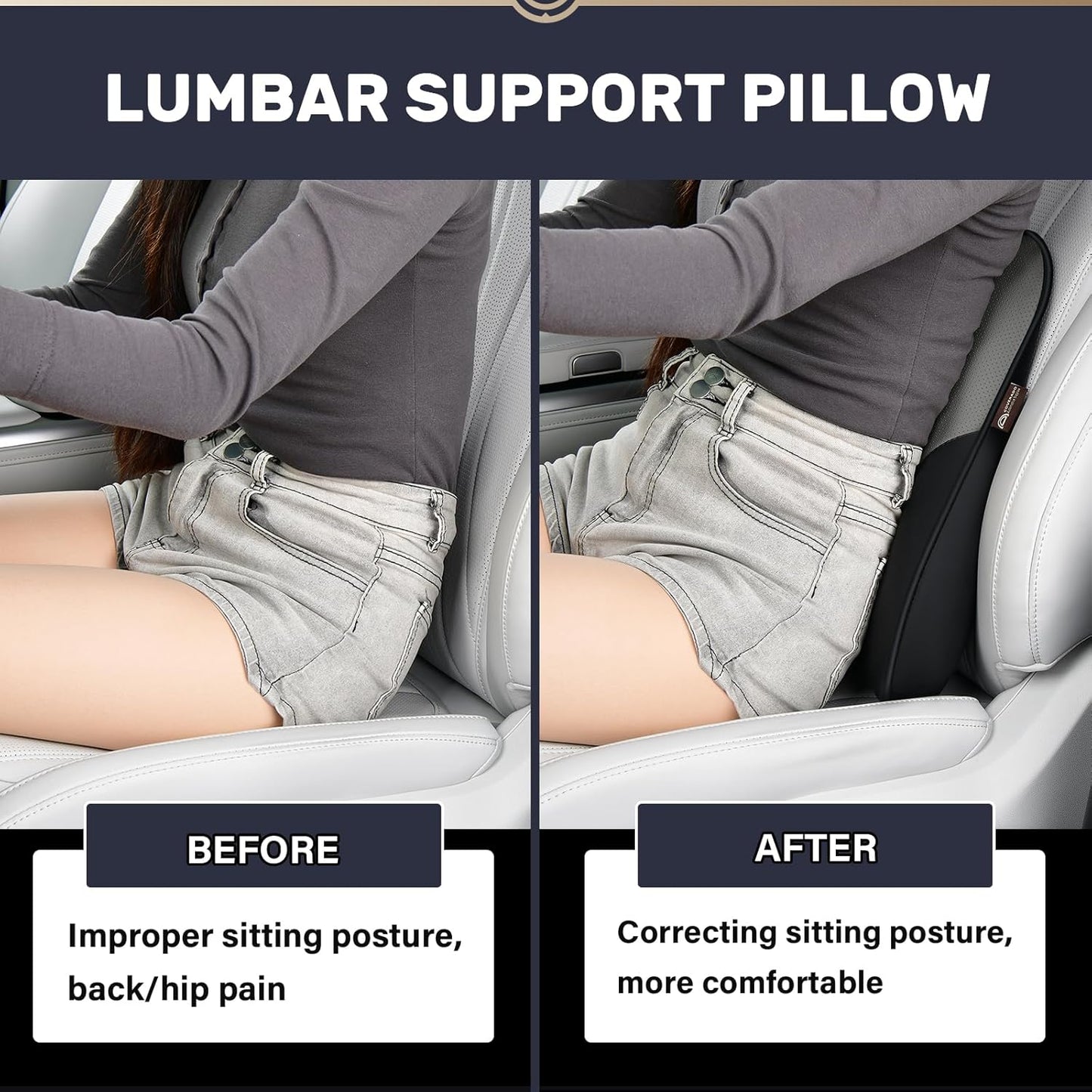 Coverado Lumbar Support Pillow for Car, Ergonomic Memory Foam Back Pillow for Office Chair, Back Cushion for Back Pain Relief, PU Leather Car Lumbar Support for Driving Seat - Black&Gray