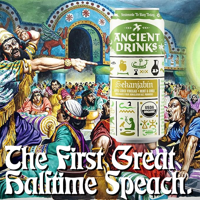 ANCIENT DRINKS Apple Cider Vinegar Beverage with Electrolytes, Vitamins, & Probiotics, Organic, Super-Hydrating Sports Drink - Sekanjabin (Mint & Chili) - 16 fl oz (12 cans)