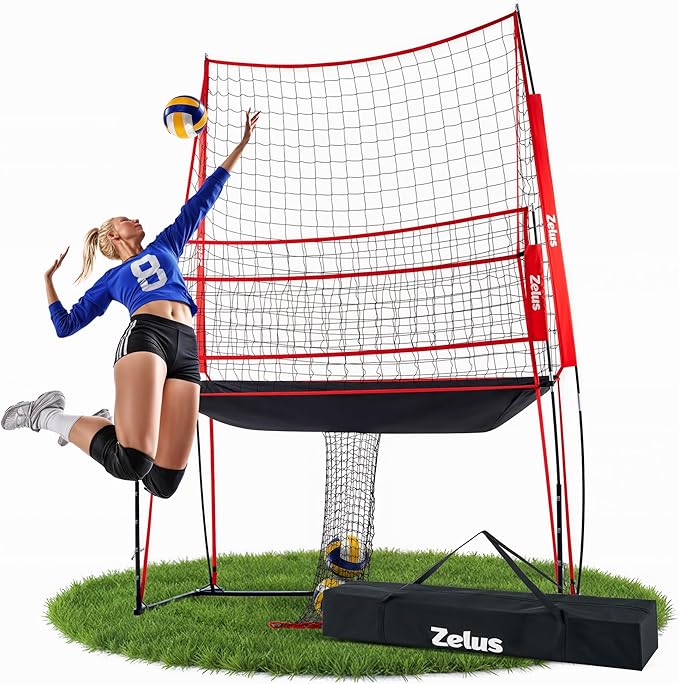 ZELUS Volleyball Training Equipment, 11x8 ft Volleyball Practice Net Station with Adjustable Height & Ball Return