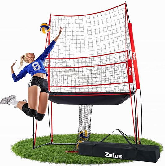 ZELUS Volleyball Training Equipment, 11x8 ft Volleyball Practice Net Station with Adjustable Height & Ball Return