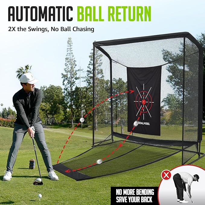 Golf Net, 10x7ft/8x8ft Golf Enclosure Net with Side Barriers/Auto-Ball Return, Low-Noise Target, Carry Bag, 4 Stakes, Hitting Practice Net for Backyard Driving Chipping Indoor Outdoor Use