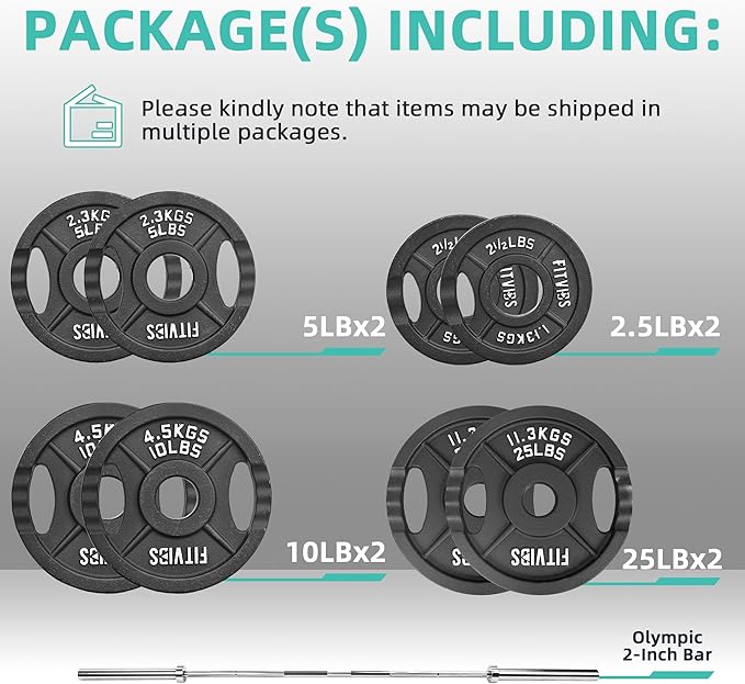Olympic Cast Iron 2-Inch Weight Plates for Strength Training & Weightlifting, 255 Pounds Set, Multiple Packages