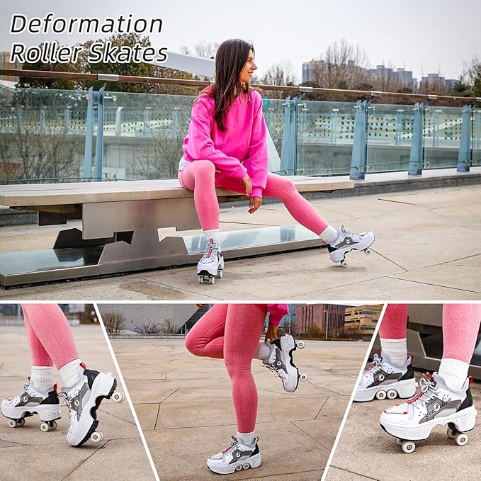 Roller Skate Shoes for Women Four Rounds Children's Roller Skates Shoes That Turn into Rollerskates Sneakers Outdoor Light Shoes with Wheels for Girls/Boys
