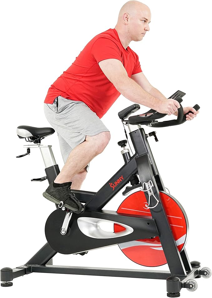 Sunny Health & Fitness Indoor Cycling Exercise Bike w/Pulse Sensors & 4-Way Adjustable Seat, Stationary Home Cardio Training Machine w/Micro-Adjustable Magnetic Resistance for Intensive Cardio Session