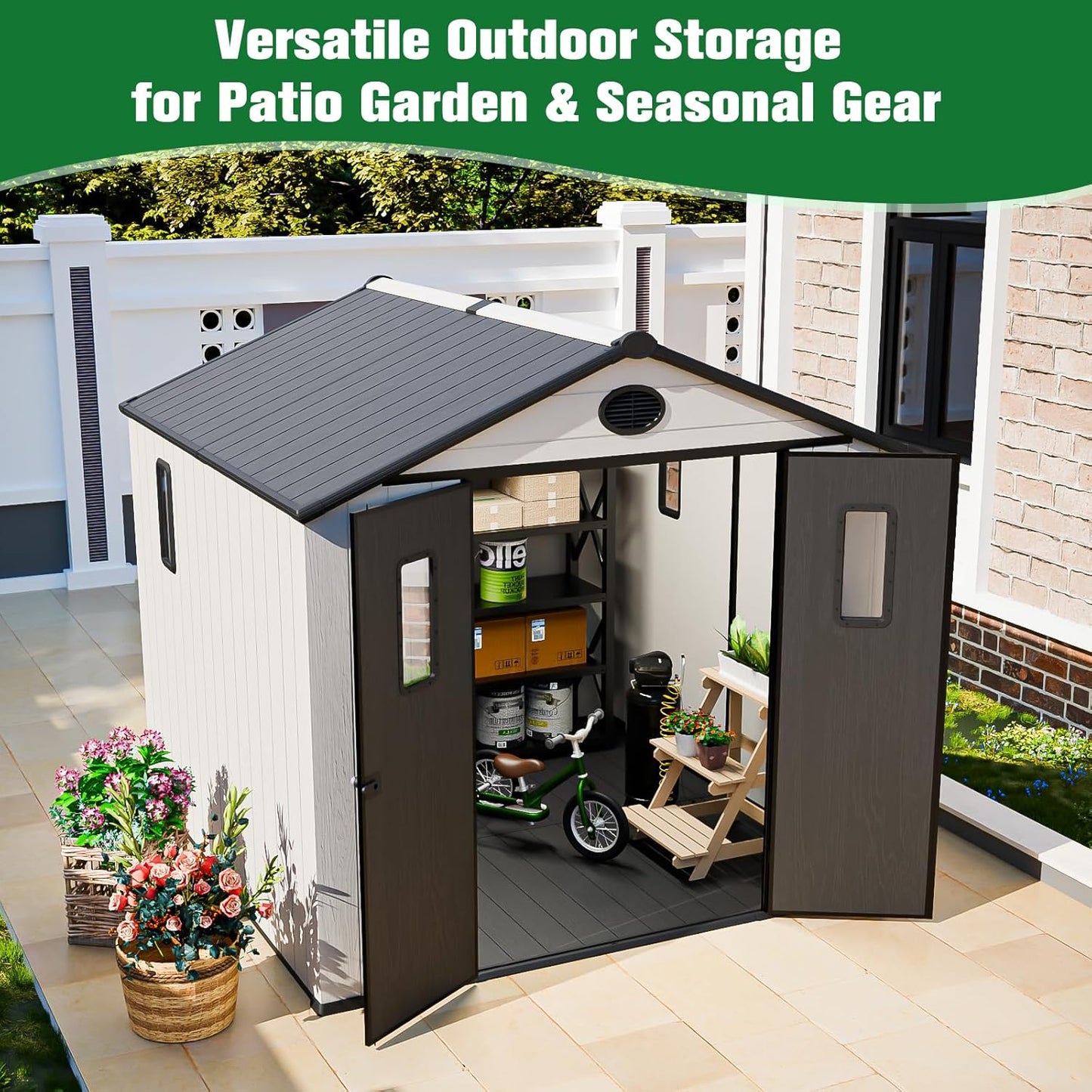 EAGLE PEAK 8x8 Resin Outdoor Storage Shed, Weatherproof Garden Shed with Floor & Lockable Doors, Tool & Equipment Storage for Backyard or Patio, White/Gray