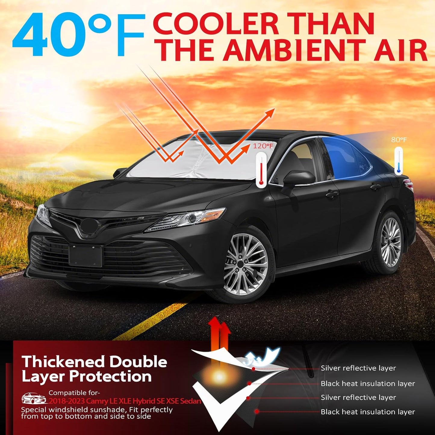 KAYZT Windshield Sun Shade for Toyota Camry 2018-2024 LE XLE Hybrid SE XSE Sedan Foldable Sunshade Front Window Custom Fit Accessories