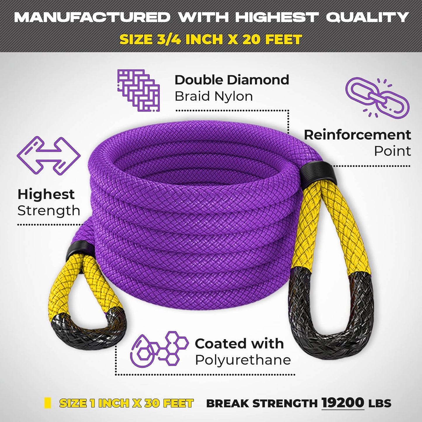 MiolleGear Kinetic Recovery Tow Ropes for Any Recovery Situation (Purple/Yellow, 3/4x20)