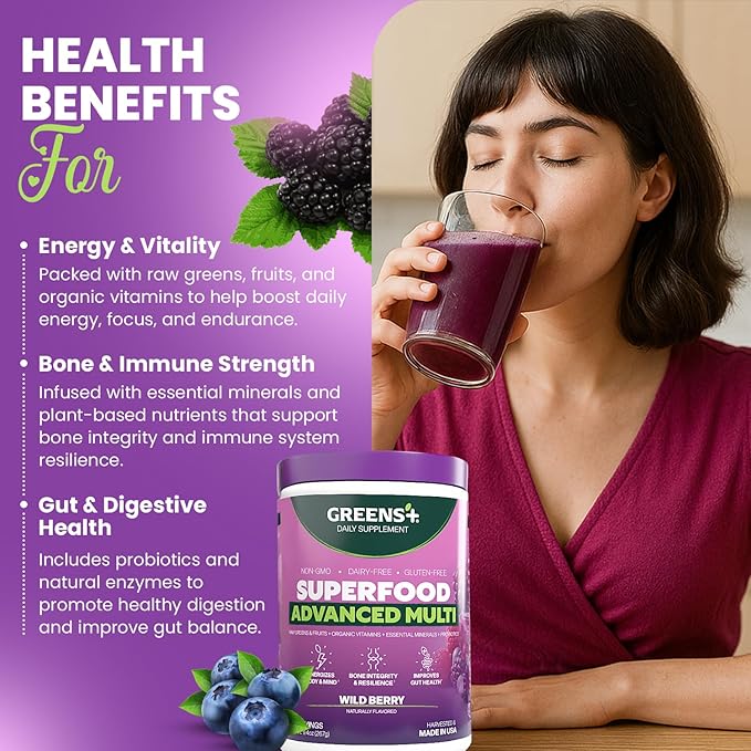 Greens+ Advanced Multi Wild Berry Superfood Powder, Organic Blend, Vegan, Non-GMO, Soy-Free, Dairy-Free, Gluten-Free, Dietary Supplement with Vitamins & Minerals, 9.4 oz