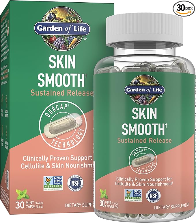 Garden of Life Skin Smooth Sustained Release Duo Caps, Best Skincare Supplement for Smooth, Radiant Skin with Hyaluronic Acid, Vitamins A & C, and SOD B Dimpless, Gluten-Free, 30 Plant-Based Capsules