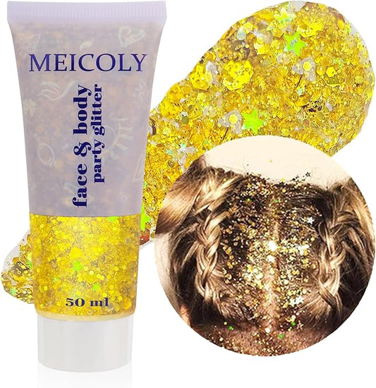 MEICOLY Gold Body Glitter,Yellow Face Glitter,Music Festival Outfits for Women,Hair Glitter Kids Sequins Makeup,Sparkle Face Body Glitter for Country Singer Concert,Mardi Gras Accessories