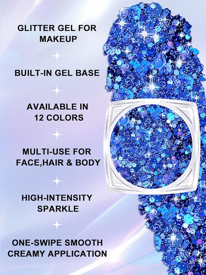 Body Glitter Face Glitter for Women Kids, 12 Colors Halloween Face Glitter, Hair Glitter Gel, Cheer Makeup Stuff, Face Painting Kit Rave Festival Party Christmas Makeup Accessories