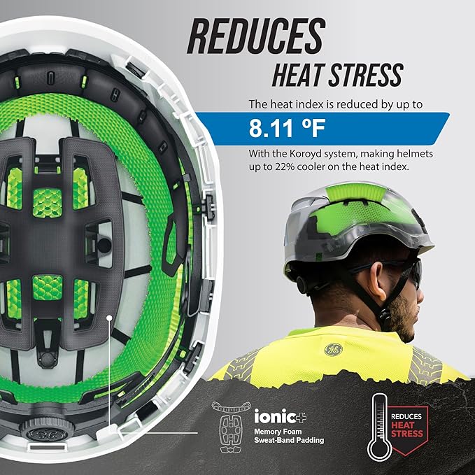 GE Safety Helmet: ANSI Type 2 Class G & E, Advanced Impact Technology, Ultra Comfortable Memory Foam, Heat Stress Reduction, Compatible with Accessories, Adjustable Size OSHA Approved